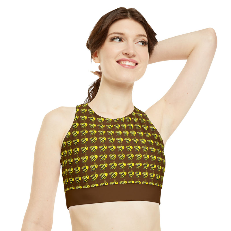 High Neck Crop Bikini Top (AOP) - JBH Bee (Brown)