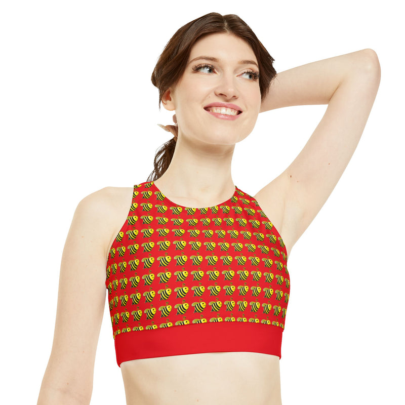 High Neck Crop Bikini Top (AOP) - JBH Bee (Red)