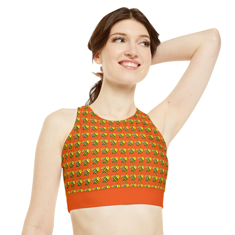 High Neck Crop Bikini Top (AOP) - JBH Bee (Orange)